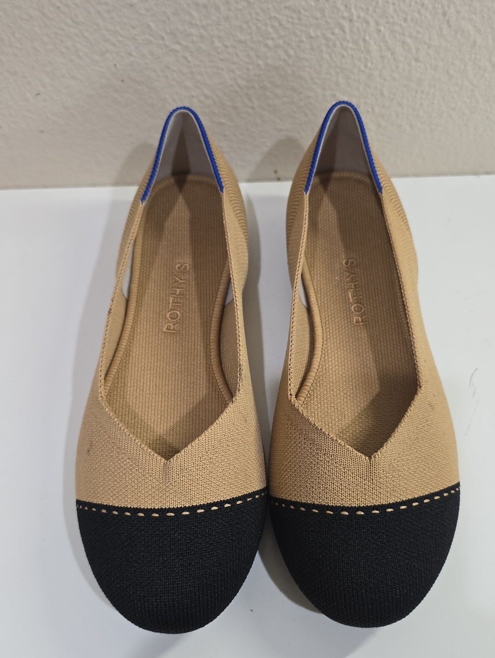 Rothy's Beige Knit Flats with Black Cap Toe and Blue Trim